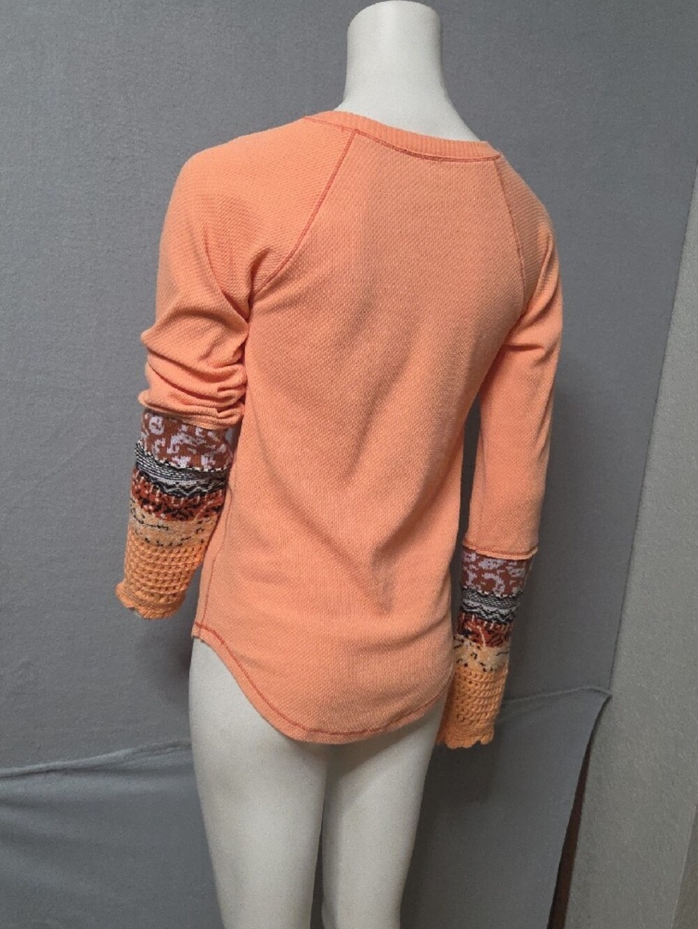 Free People Peach Crewneck Sweatshirt with Patterned Crochet Cuffs - Picture 6 of 8